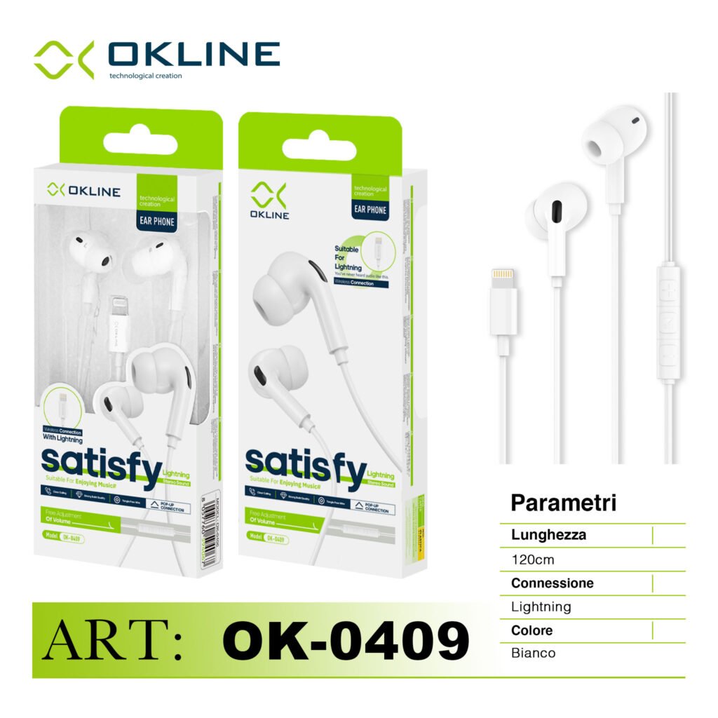 Art.Ok-0409 Okline Satisfy Stereo Auricolare A Filo Iphone Lightning Bianco