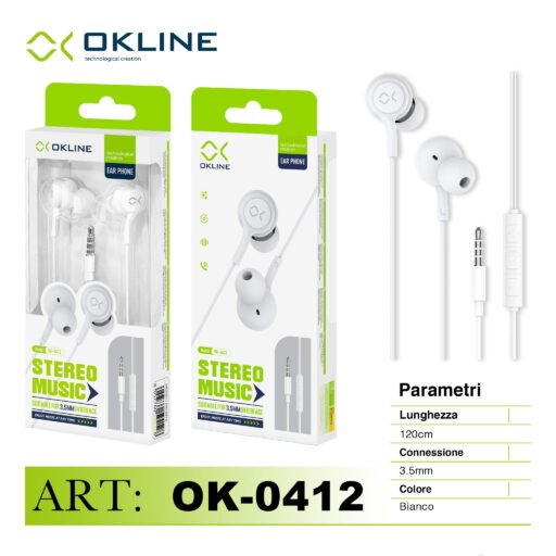 Art.Ok-0412 Okline Stereo Music Auricolare A Filo 3.5Mm Bianco