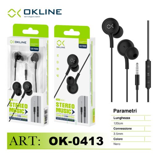 Art.Ok-0413 Okline Stereo Music Auricolare A Filo 3.5Mm Nero