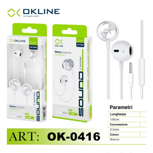 Art.Ok-0416 Okline Stereo Auricolare A Filo 3.5Mm Bianco-Grigio
