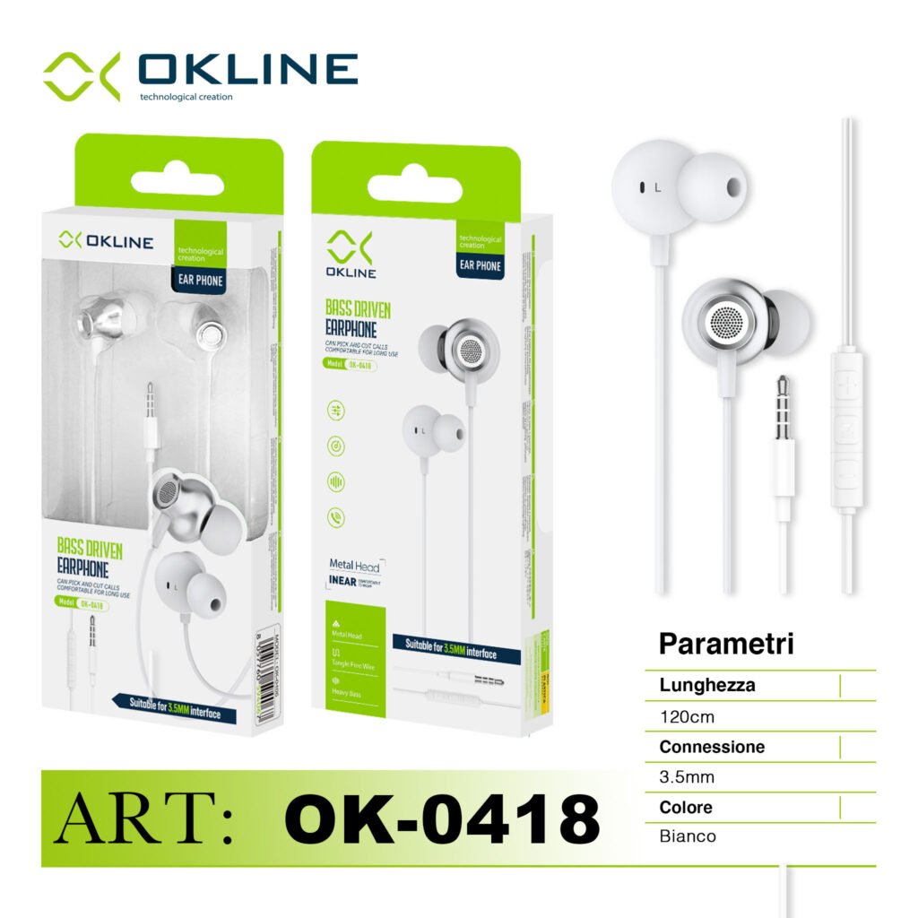 Art.Ok-0418 Okline Bass Driven Auricolare A Filo 3.5Mm Bianco-Grigio