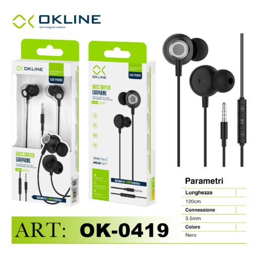 Art.Ok-0419 Okline Bass Driven Auricolare A Filo 3.5Mm Nero