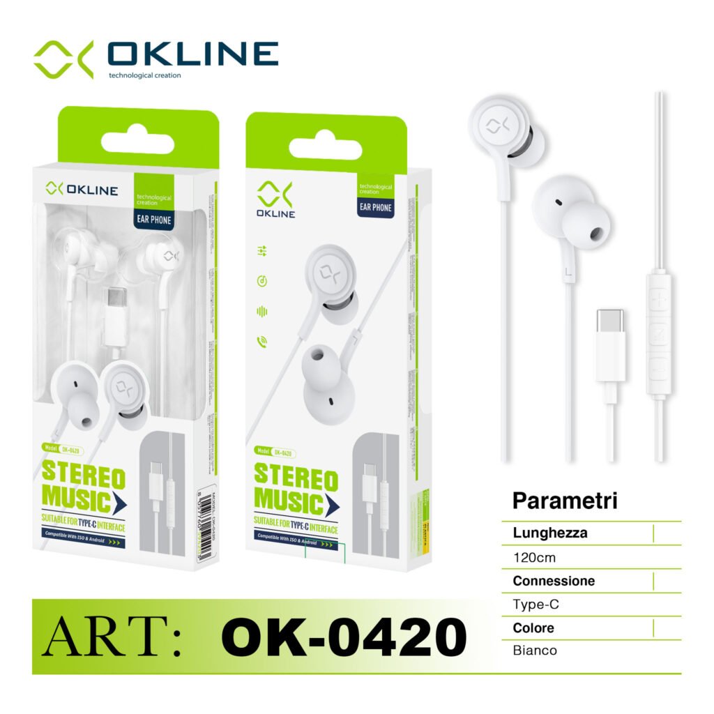Art.Ok-0420 Okline Stereo Music Auricolare A Filo Type-C Bianco