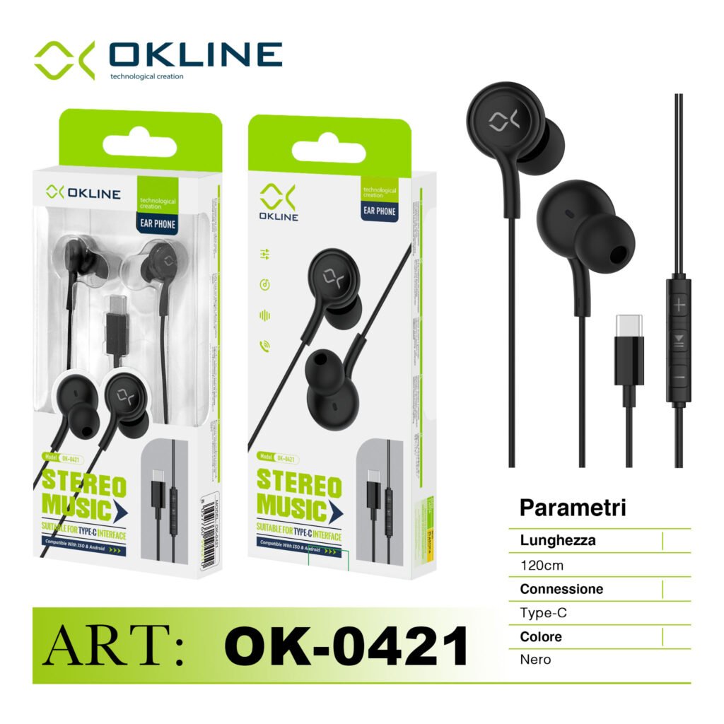 Art.Ok-0421 Okline Stereo Music Auricolare A Filo Type-C Nero