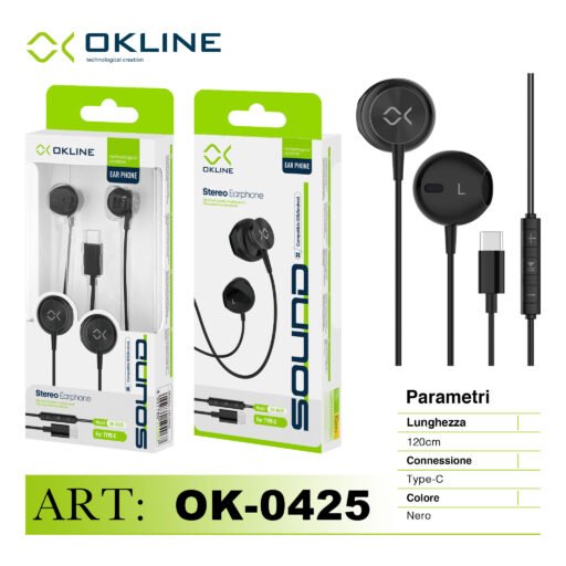 Art.Ok-0425 Okline Stereo Auricolare A Filo Type-C Nero