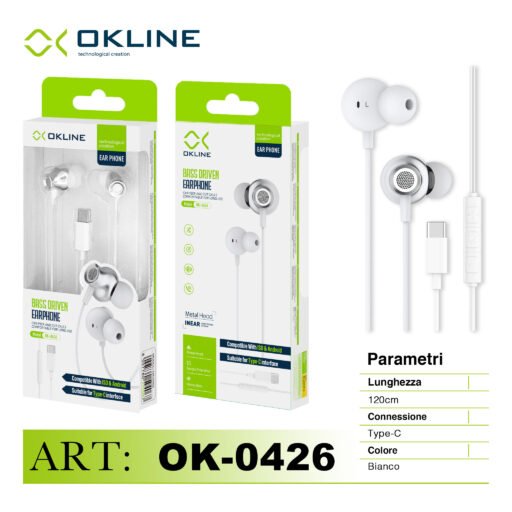 Art.Ok-0426 Okline Bass Driven Auricolare A Filo Type-C Bianco-Grigio