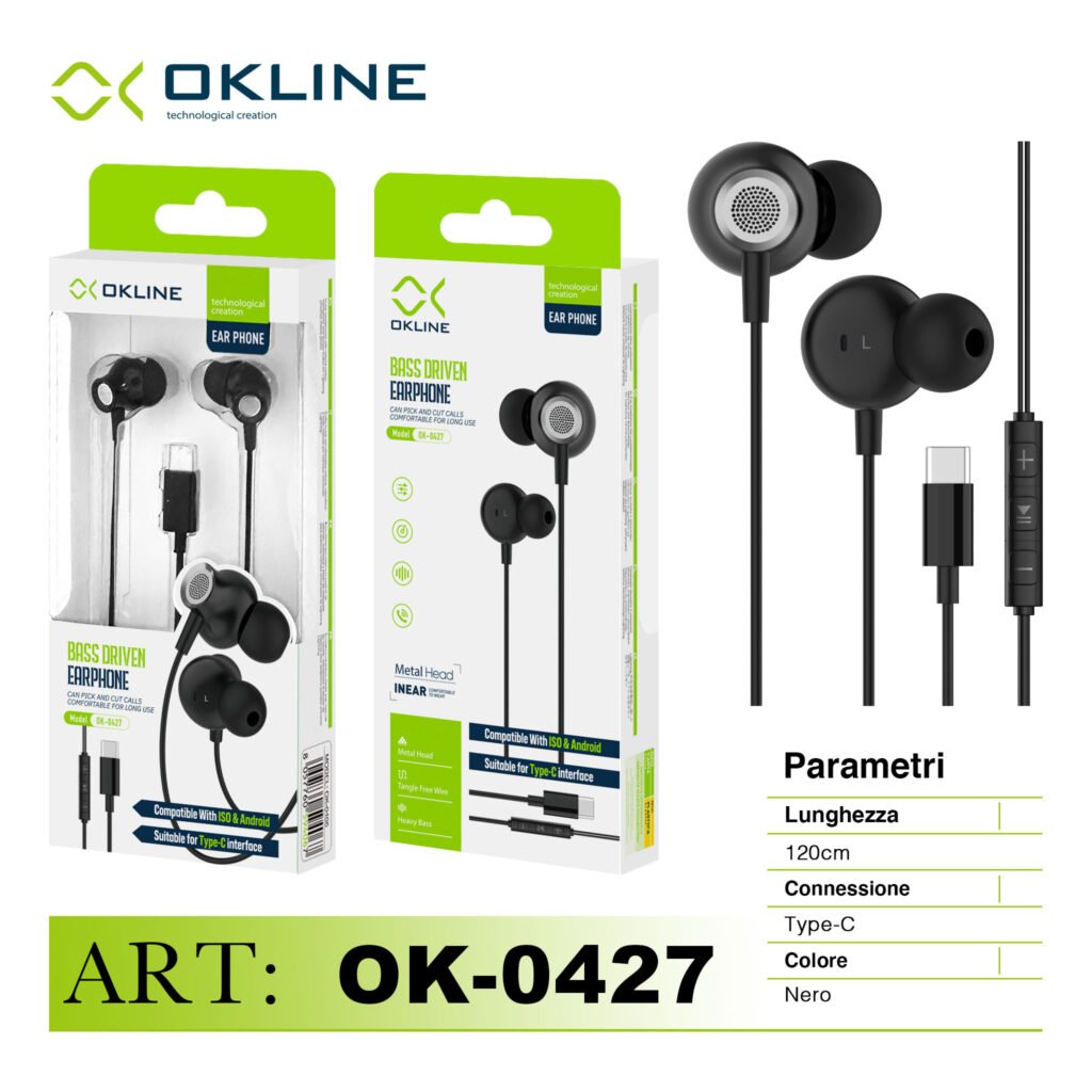 Art.Ok-0427 Okline Bass Driven Auricolare A Filo Type-C Nero