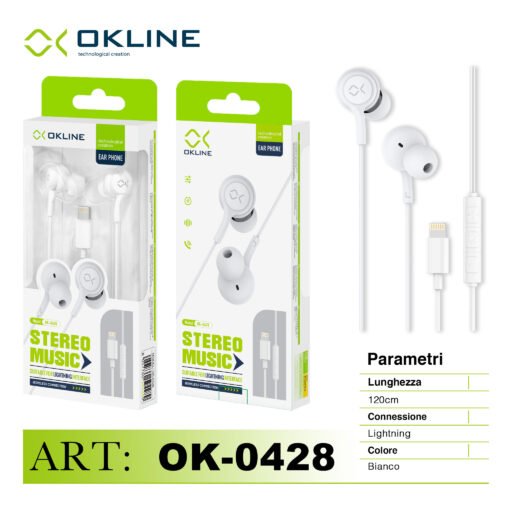 Art.Ok-0428 Okline Stereo Music Auricolare A Filo Iphone Lightning Bianco