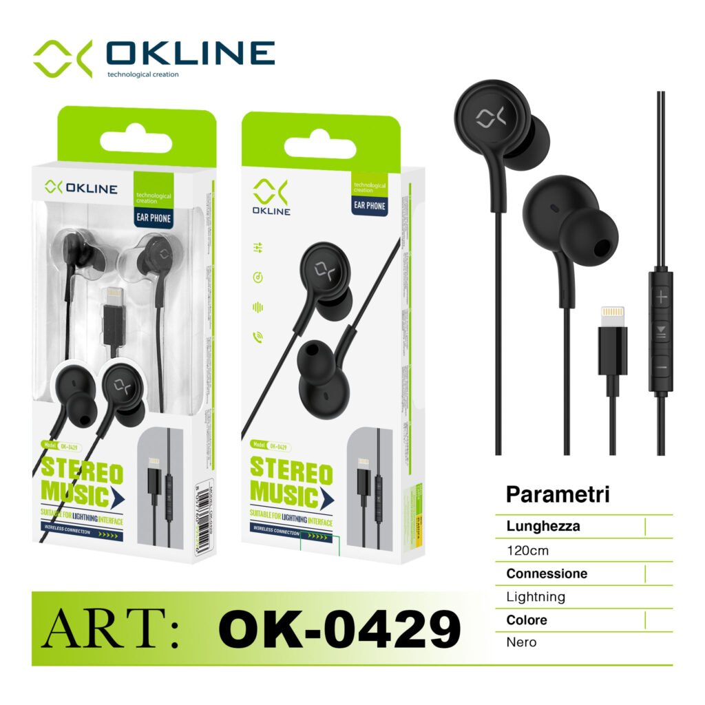 Art.Ok-0429 Okline Stereo Music Auricolare A Filo Iphone Lightning Nero
