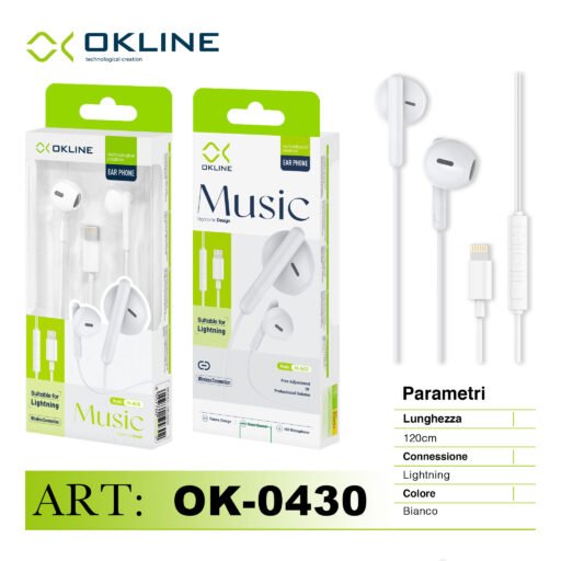 Art.Ok-0430 Okline Music Auricolare A Filo Iphone Lightning Bianco
