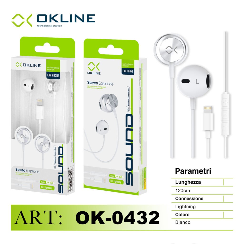 Art.Ok-0432 Okline Stereo Auricolare A Filo Iphone Lightning Bianco-Grigio