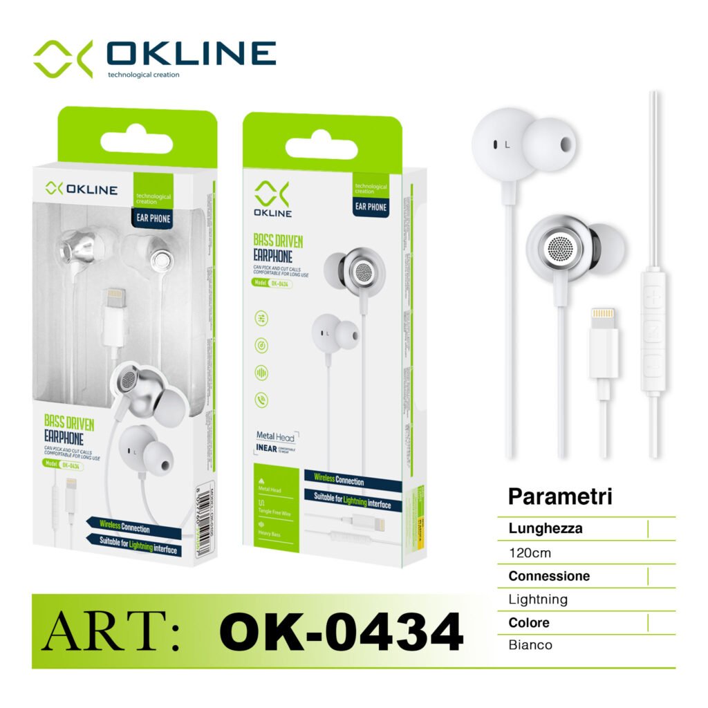 Art.Ok-0434 Okline Bass Driven Auricolare A Filo Iphone Lightning Bianco-Grigio