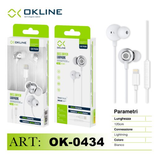 Art.Ok-0434 Okline Bass Driven Auricolare A Filo Iphone Lightning Bianco-Grigio
