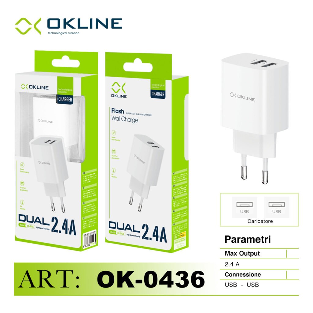 ART.OK-0436N OKLINE Flash Caricatore da muro doppia USB 2.4A Bianco