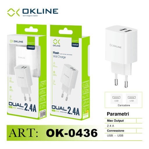 Art.Ok-0436N Okline Flash Caricatore Da Muro Doppia Usb 2.4A Bianco