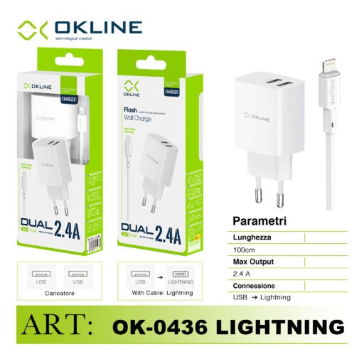 Art.Ok-0436Ip Okline Flash Caricatore Da Muro Doppia Usb 2.4A Con Iphone Lightning Usb Cavo Bianco