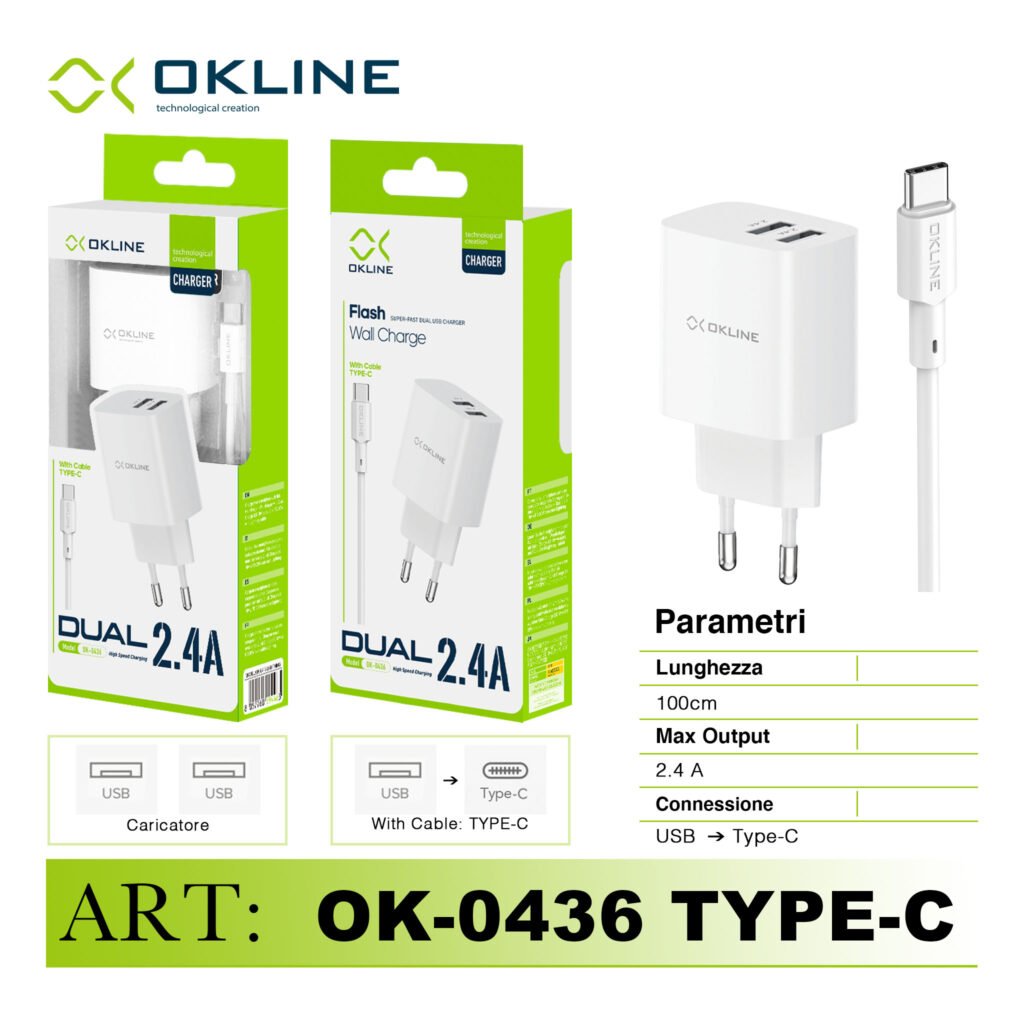 ART.OK-0436TC OKLINE Flash Caricatore da muro doppia USB 2.4A Con Type-C USB Cavo Bianco