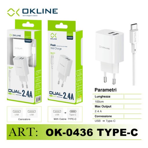 Art.Ok-0436Tc Okline Flash Caricatore Da Muro Doppia Usb 2.4A Con Type-C Usb Cavo Bianco