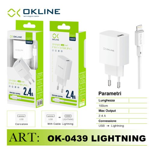 Art.Ok-0439Ip Okline Smart Fast Caricatore Da Muro Usb 2.4A Con Iphone Lightning Usb Cavo Bianco
