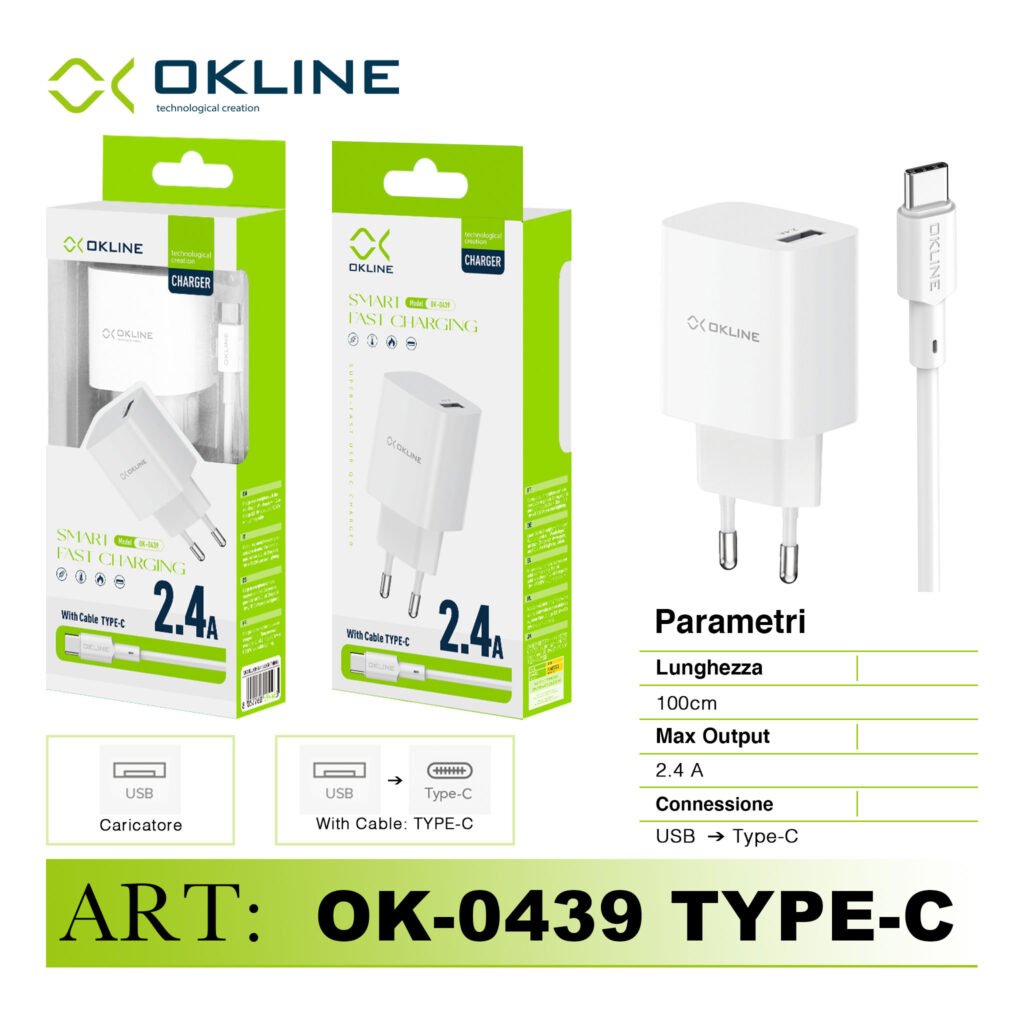ART.OK-0439TC OKLINE Smart Fast Caricatore da muro USB 2.4A Con Type-C USB Cavo Bianco
