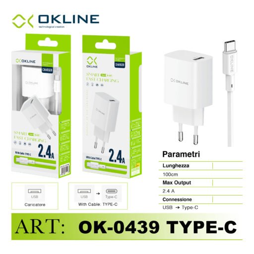 Art.Ok-0439Tc Okline Smart Fast Caricatore Da Muro Usb 2.4A Con Type-C Usb Cavo Bianco