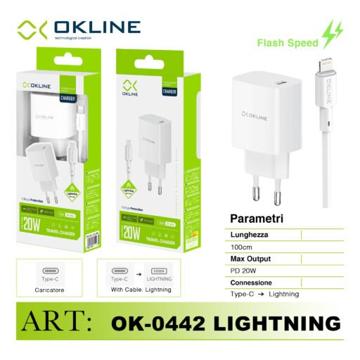 Art.Ok-0442Ip Okline Caricatore Da Muro Pd20W Pro Con Type-C Iphone Lightning Cavo Bianco