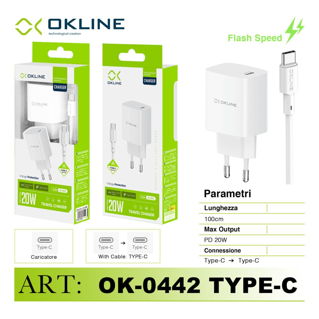 ART.OK-0442TC OKLINE Caricatore da muro PD20W Pro Con Type-C Type-C Cavo Bianco