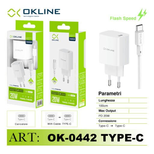 Art.Ok-0442Tc Okline Caricatore Da Muro Pd20W Pro Con Type-C Type-C Cavo Bianco