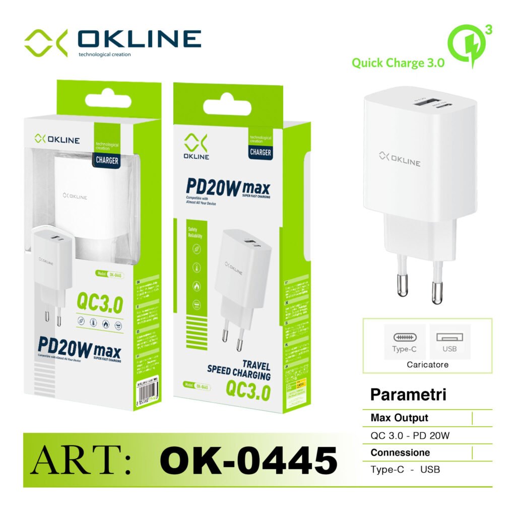 ART.OK-0445N OKLINE Caricatore da muro QC3.0 18W e PD20WMax Bianco