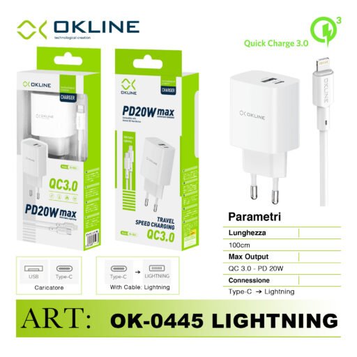 Art.Ok-0445Ip Okline Caricatore Da Muro Qc3.0 18W E Pd20Wmax Con Type-C Iphone Lightning Cavo Bianco
