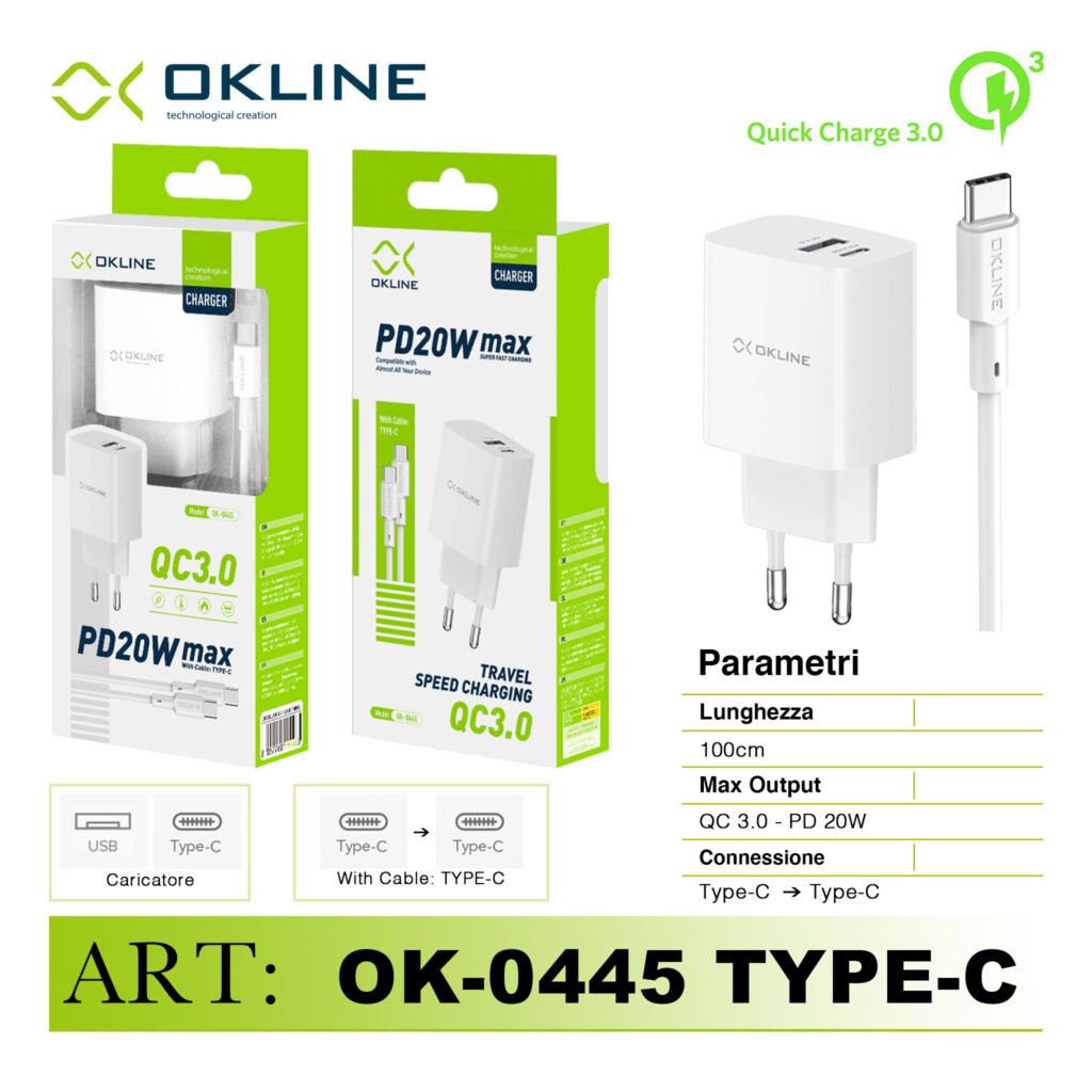 ART.OK-0445TC OKLINE Caricatore da muro QC3.0 18W e PD20WMax Con Type-C Type-C Cavo Bianco