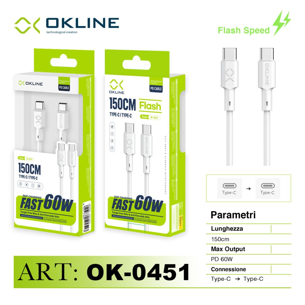 ART.OK-0451 OKLINE Type-C Type-C Cavo 60W150cm Bianco