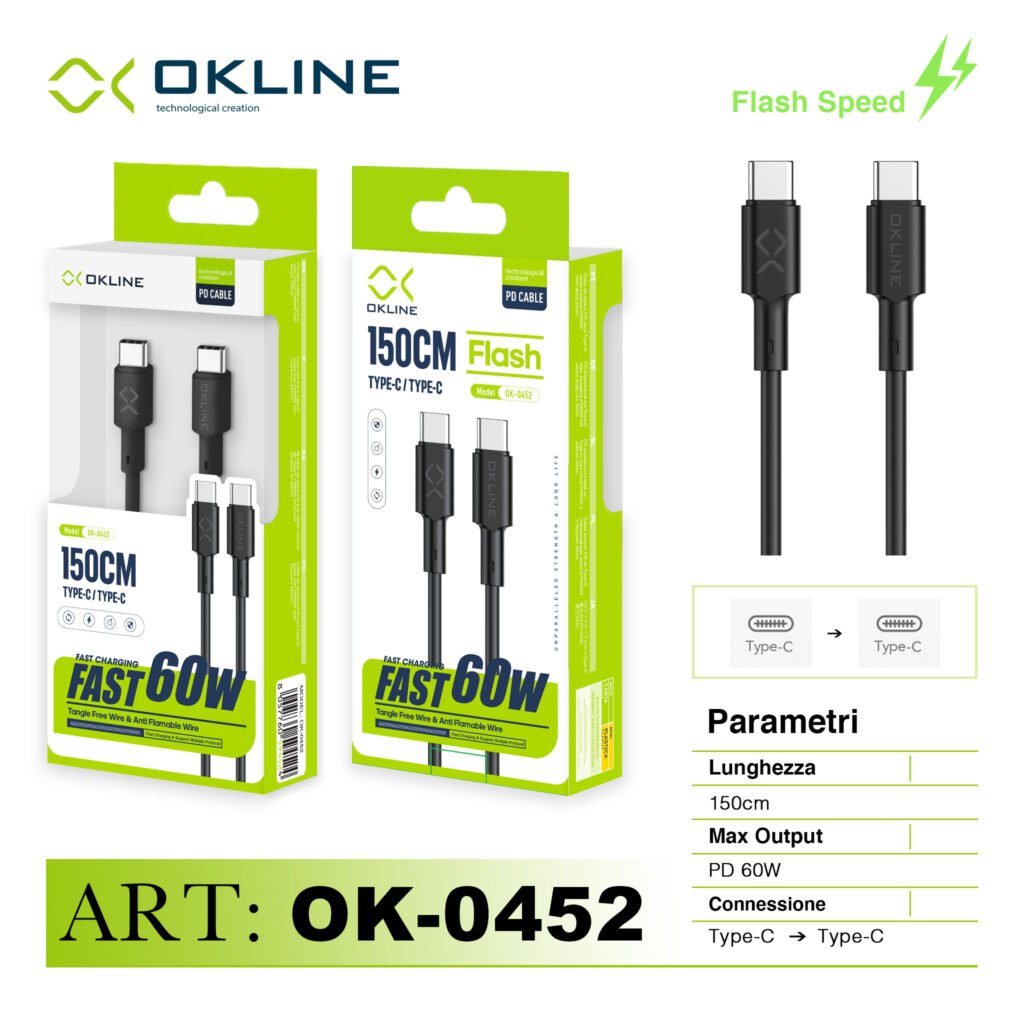 ART.OK-0452 OKLINE Type-C Type-C Cavo 60W150cm Nero