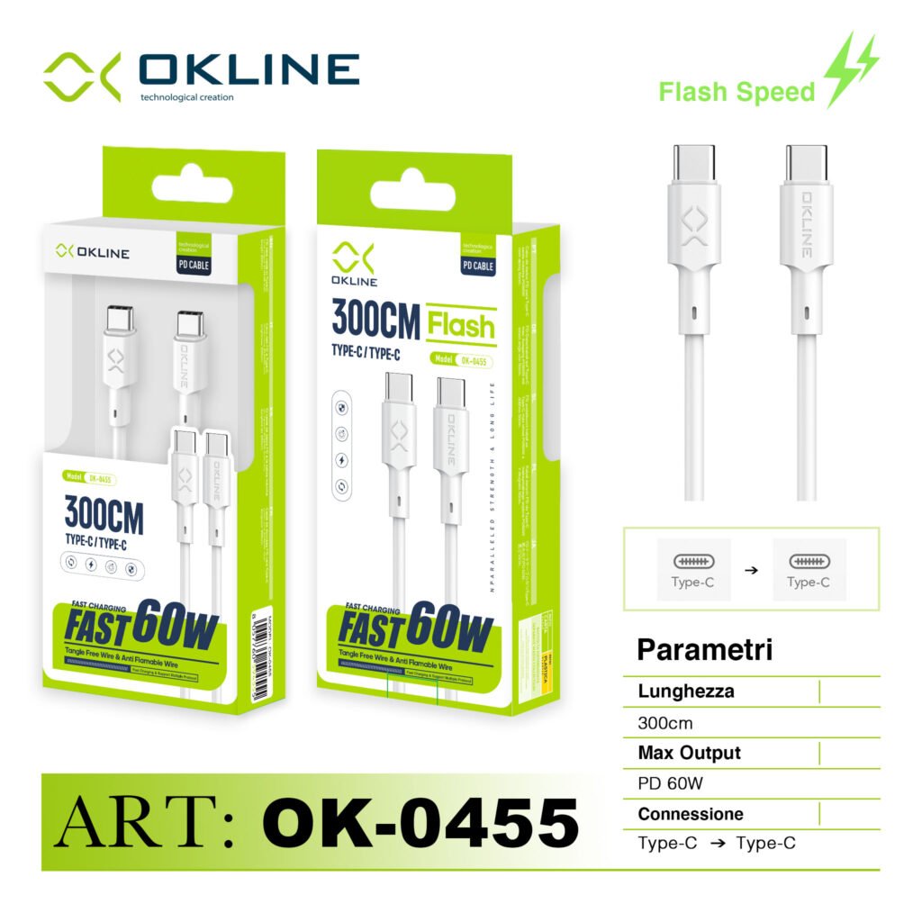 ART.OK-0455 OKLINE Type-C Type-C Cavo 60W300cm Bianco