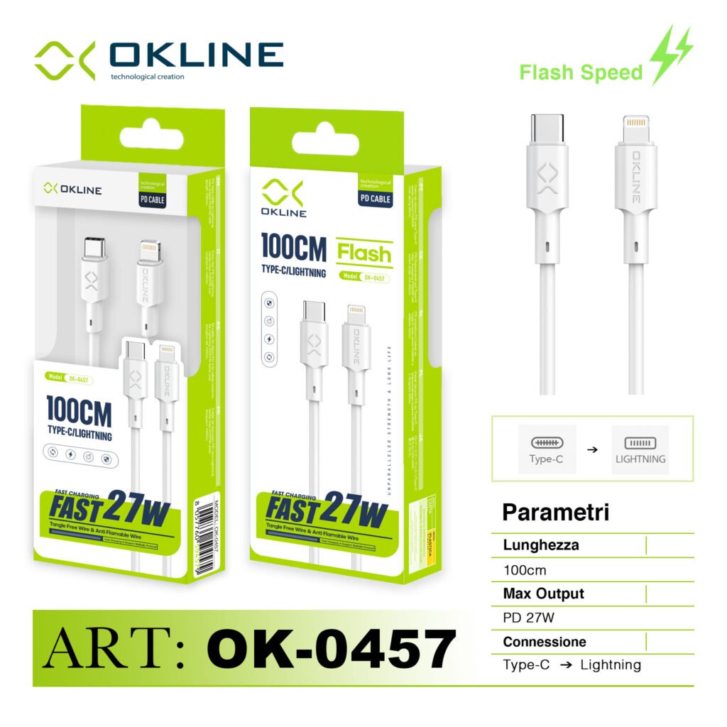 ART.OK-0457 OKLINE Type-C Iphone Lightning Cavo 27W100cm Bianco