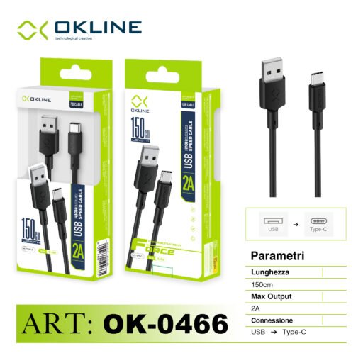 Art.Ok-0466 Okline Type-C Usb Cavo 2A 150Cm Nero