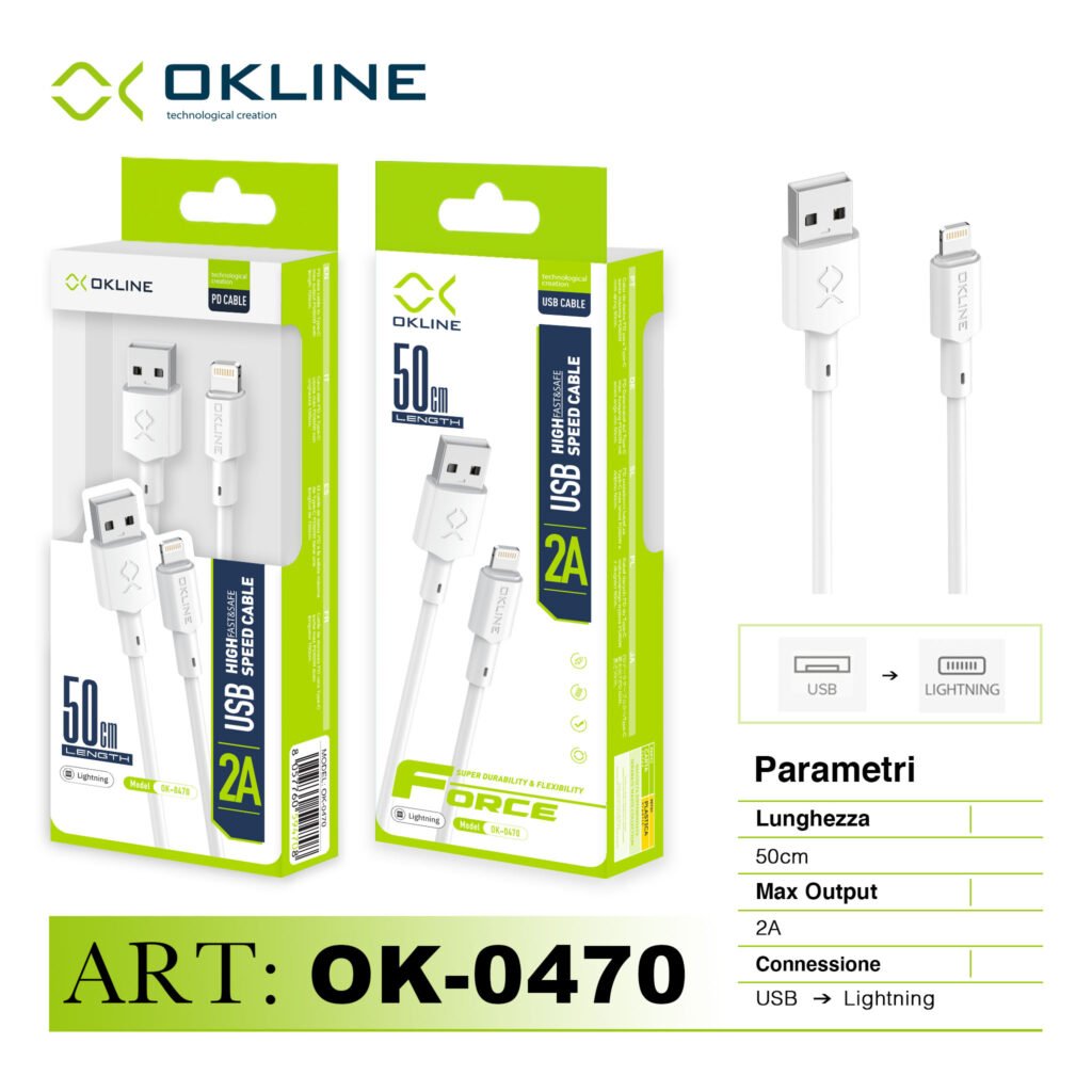 ART.OK-0470 OKLINE Iphone Lightning USB Cavo 2A 50cm Bianco