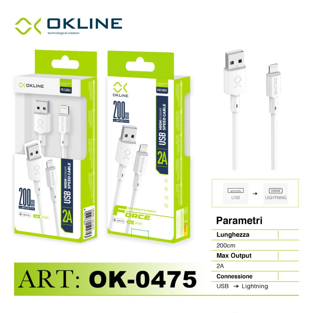ART.OK-0475 OKLINE Iphone Lightning USB Cavo 2A 200cm Bianco