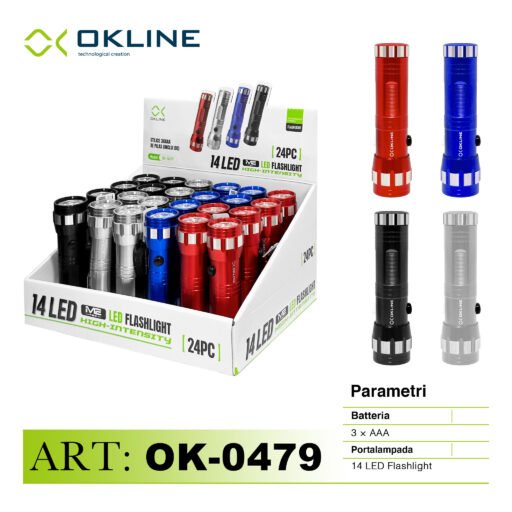 Art.Ok-0479 Okline 14Led High Intensity Torcia Portatile Impermeabile Colori Assortiti