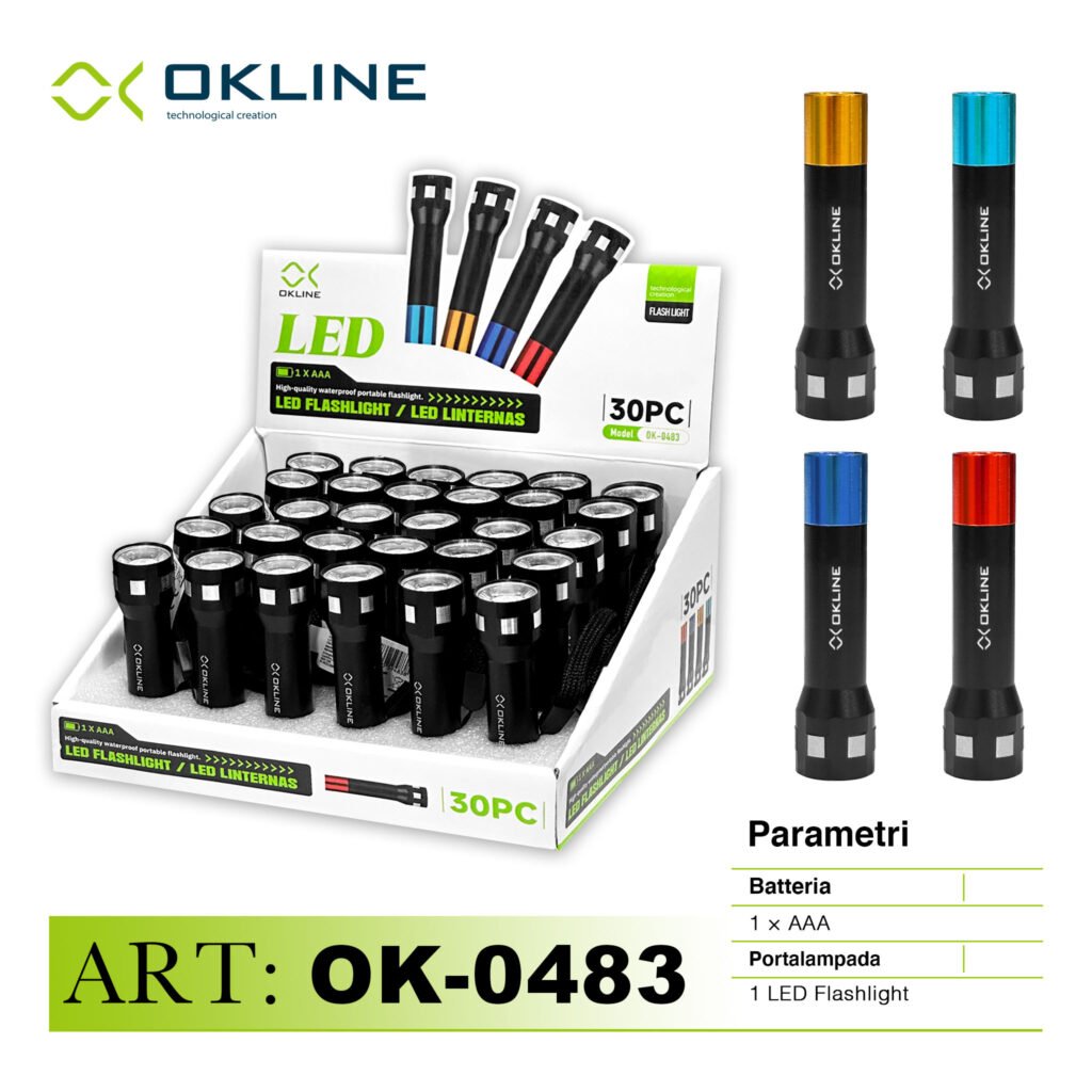 ART.OK-0483 OKLINE LED FLASHLIGHT TORCIA PORTATILE IMPERMEABILE COLORI ASSORTITI