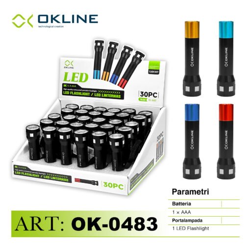Art.Ok-0483 Okline Led Flashlight Torcia Portatile Impermeabile Colori Assortiti