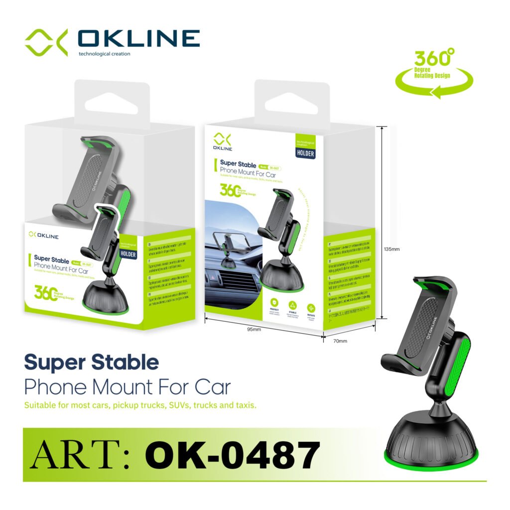 ART.OK-0487 OKLINE SUPER STABLE SUPPORTO VENTOSA ADESIVA DEL TELEFONO AUTOMOBILE NERO