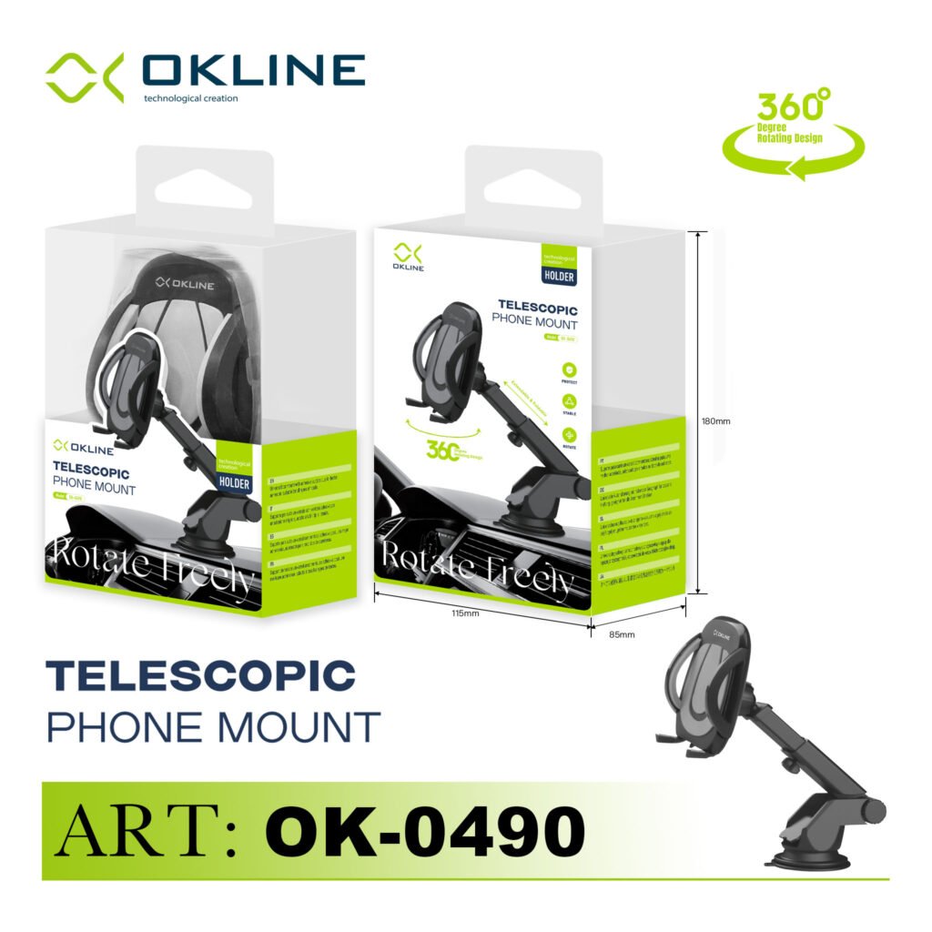 ART.OK-0490 OKLINE TELESCOPIC SUPPORTO VENTOSA ADESIVA DEL TELEFONO AUTOMOBILE NERO