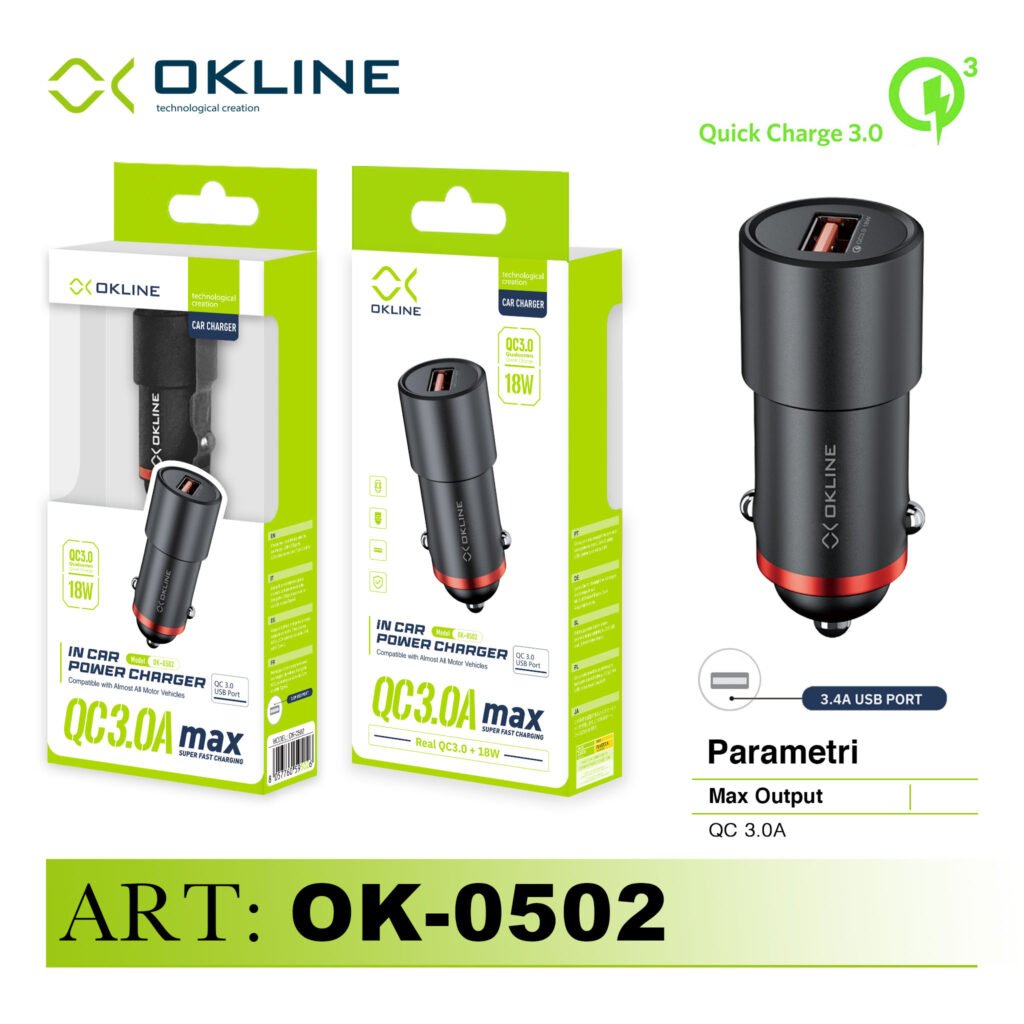 Art.Ok-0502N Okline Usb Caricatore Auto 3.0A Nero