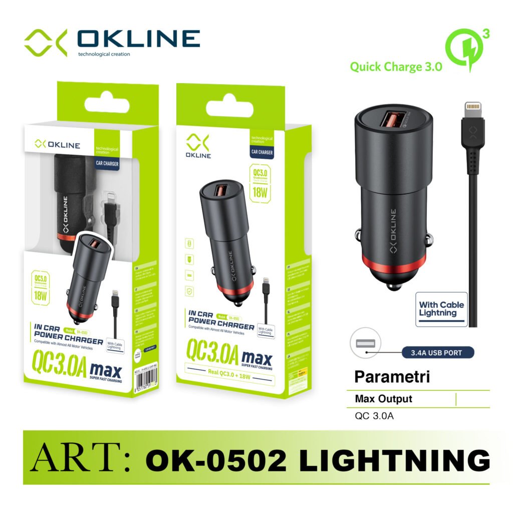 Art.Ok-0502Ip Okline Usb Caricatore Auto 3.0A Con Iphone Lighting Usb Cavo Nero