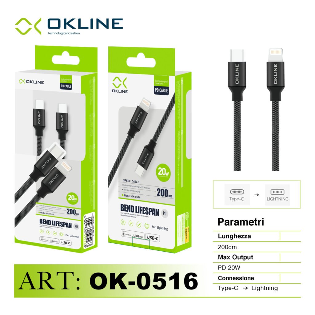 ART.OK-0516 OKLINE Type-C Iphone Lightning Cavo intrecciato Bend Lifespan PD 20W 200cm Nero