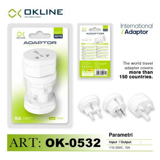 Art.Ok-0532 Okline Adattatore Internazionale Piu Di 150 Paesi 110-250V Bianco