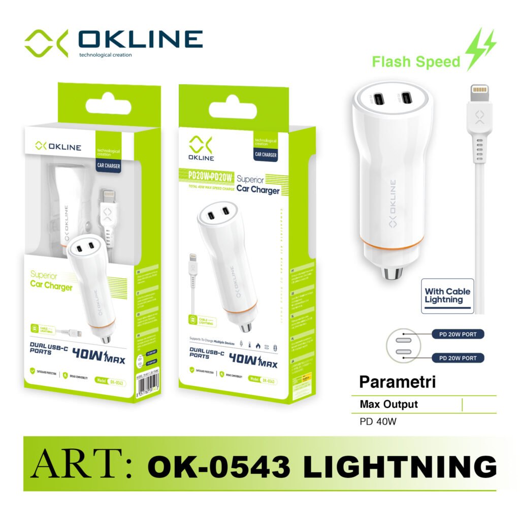 Art.Ok-0543Ip Okline 2Type-C Pd20W Caricatore Auto Con Iphone Lighting Cavo Bianco