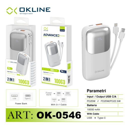 Art.Ok-0546 Okline Power Bank High Speed 10000Mah Usb Type-C 22.5W E Type-C Iphone Lightning Bianco