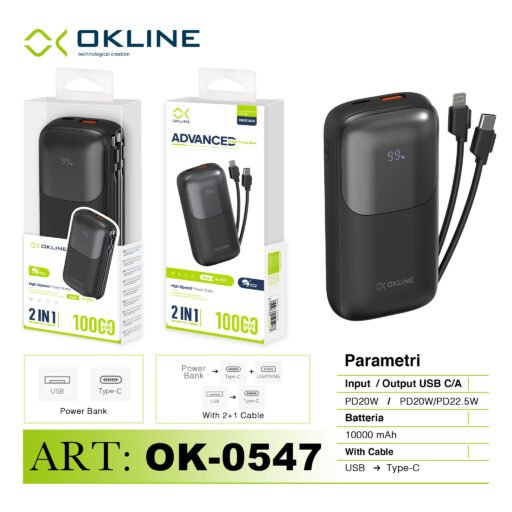 Art.Ok-0547 Okline Power Bank High Speed 10000Mah Usb Type-C 22.5W E Type-C Iphone Lightning Nero